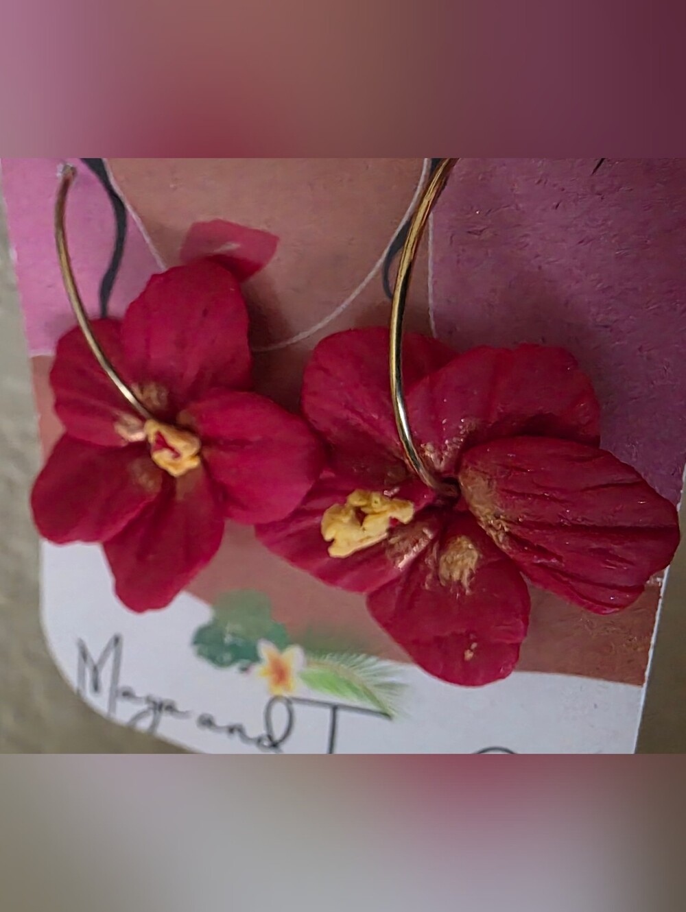 Maya and Twins Co Red Hibiscus Flower Gold Hoop Earrings Handmade Hawaii - Picture 3 of 6